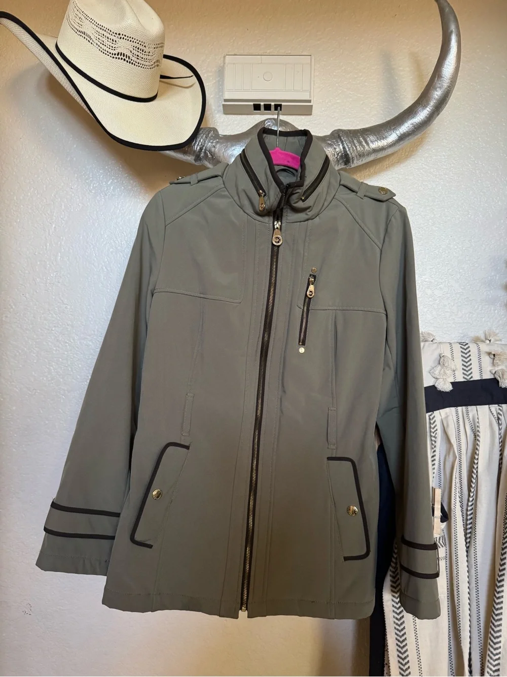 Michael Kors Olive Utility Jacket with Black Trim
